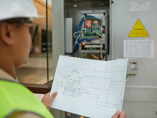 An employee looking at Blueprints for a new build in front of an electrical box