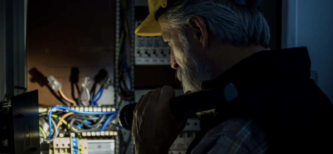 An electric working looking at a breaker box in the dark with a flashlight