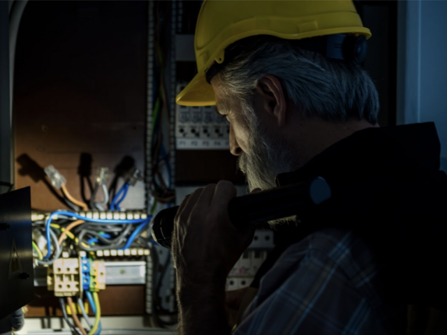 An electric working looking at a breaker box in the dark with a flashlight
